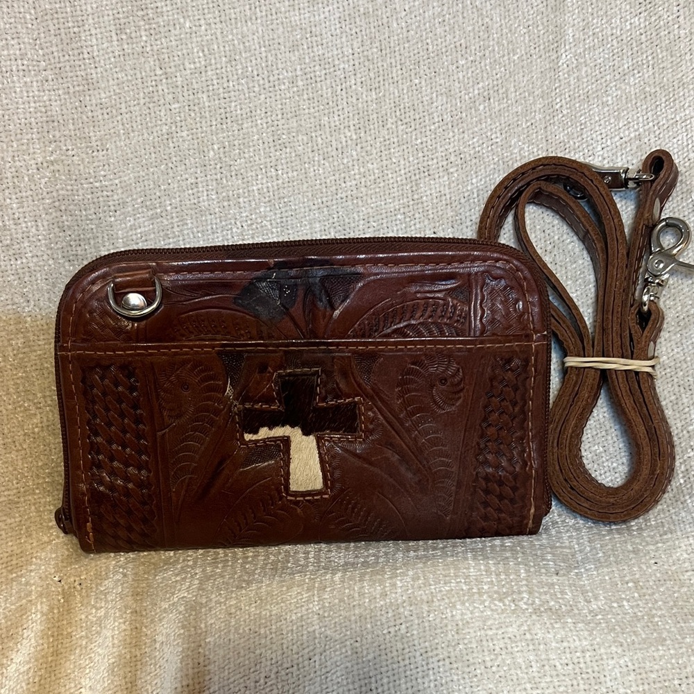 Western tooled Brown Leather Crossbody Bag with cowhide cross made in Paraguay